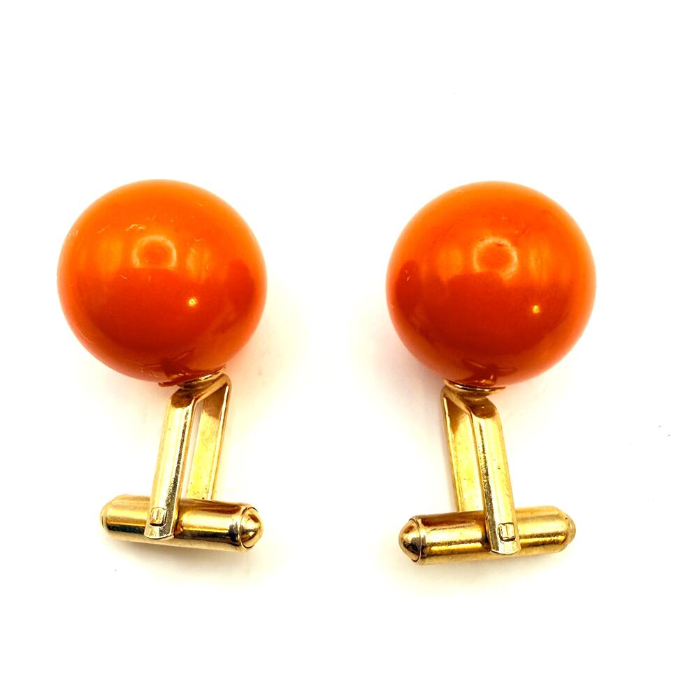 Vintage 1970s MCM Orange Lucite Ball Cufflinks Modern Mod Gold Tone